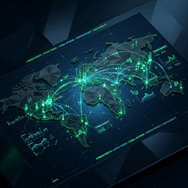 Globo digital com conexões de dados representando o mercado global de carbono